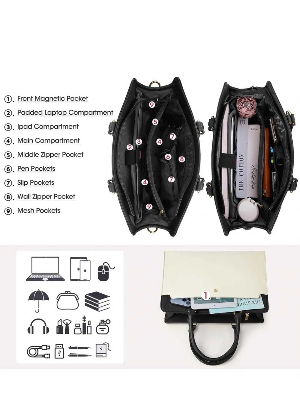 Classic Black Tote Bag with Laptop Pocket